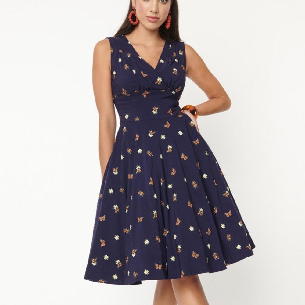 Navy Daisy Butterfly Print  Delores Pinup Swing Dress by Unique Vintage